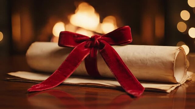 Festive red bow on rolled scroll by cozy fireplace with soft bokeh lights