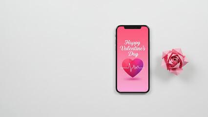 Digital Valentine's Day Greeting on Smartphone Screen with Modern Pink Flower and Copy Space on Clean Desk.