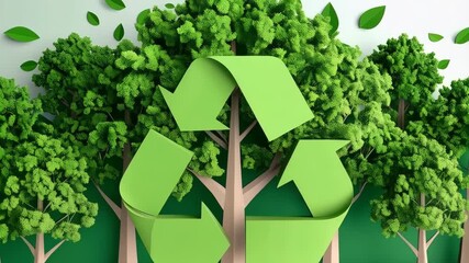 Conceptual illustration of the forest scenery with a recycling symbol, conveys environmental awareness and sustainable resources, green trees