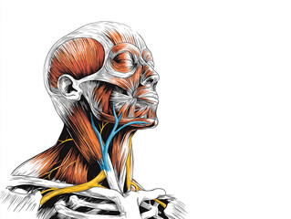 Anatomy of the Human Head: A detailed illustration of the human head, showcasing muscle structure and bone framework, perfect for educational or medical context.