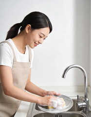 asian woman washing dishes in the kitchen, closeup of photo