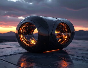 Futuristic black oblong with luminous orange innards sits on a metallic surface under a colorful dusk sky