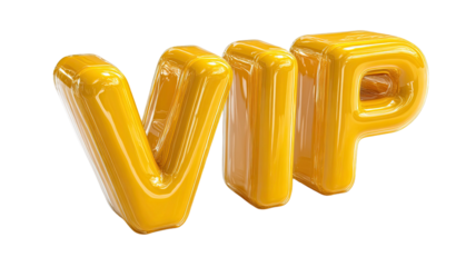 glossy yellow VIP lettering three dimensional inflatable typography luxury status word modern studio render isolated on white background