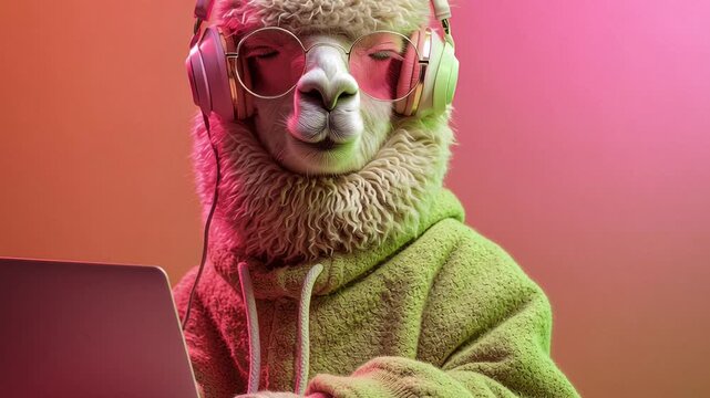 Trendy alpaca wears oversized headphones while coding on laptop in a colorful room