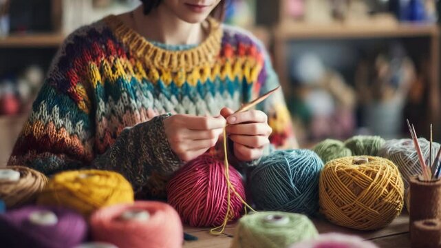 A woman knitting with colorful yarn, showcasing a cozy, creative pastime. The vibrant scene features balls of yarn in various hues, needlework tools, and a handcrafted sweater