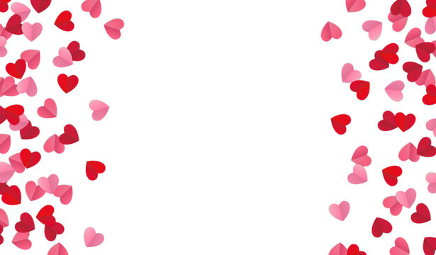 Vector decorative border with folded paper hearts in red and pink with space in the middle isolated on white background	
