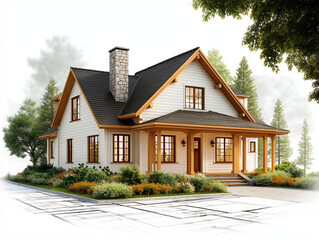 Naklejka premium Dream House : A charming home boasts a blend of classic design and inviting warmth, nestled amidst lush greenery and offering a picturesque view.