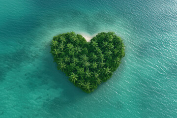 heart shaped island with palm trees in turquoise green pacific ocean water, top down drone view, love, passion, romantic romance, luxury private, photorealistic
