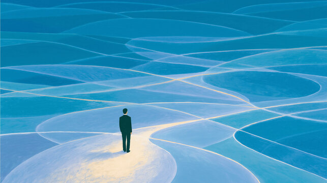 Navigating the Unknown Path: A solitary figure, a person stands poised at the start of multiple interconnected paths, surrounded by a sea of endless possibilities.