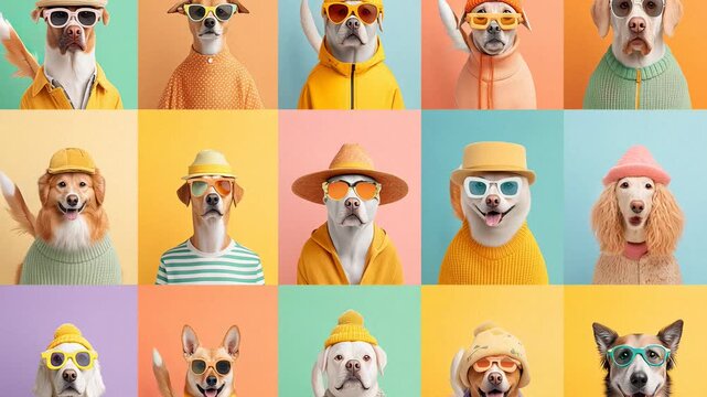Collage of dogs wearing hats and sunglasses in bright colors and different patterns
