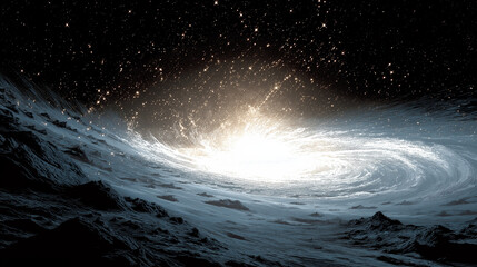 Celestial Symphony: An eye-level perspective of a mesmerizing galaxy swirling with radiant light in the vast expanse of space, showcasing an awe-inspiring celestial phenomenon.