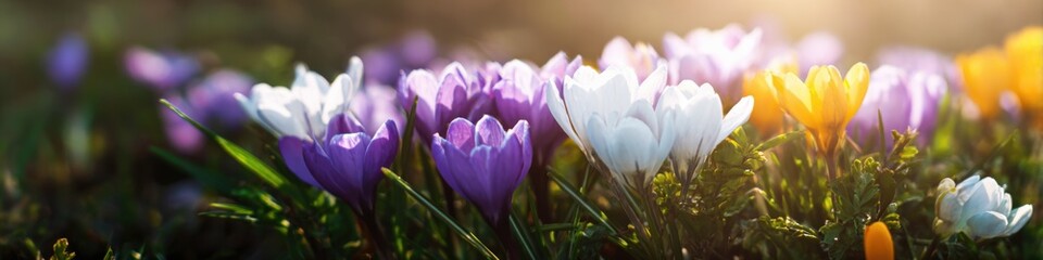 Fototapeta premium Vibrant spring crocuses blooming in sunlit garden with purple white and yellow petals