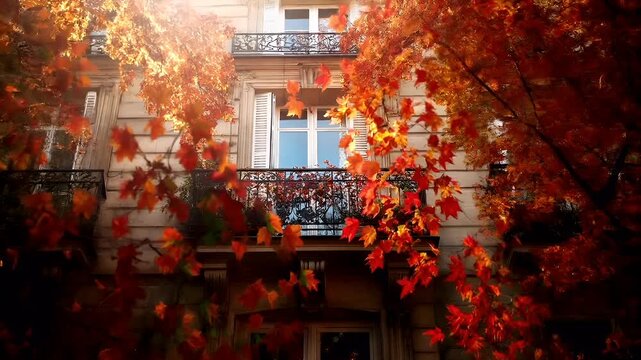 Paris, France, Europe. A vivid autumnal scene featuring a building with a balcony adorned with red and orange leaves.