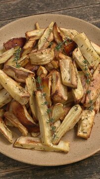 A rotating platter featuring roasted parsnip glazed with honey and infused with thyme. Vertical video.