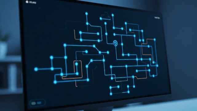 Dynamic digital network illustration on a computer screen, symbolizing intricate data flow, artificial intelligence connections, and innovative technological system architecture