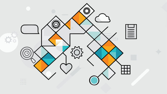 Unified infographic system with interconnected blocks and icons representing data flow and process optimization
