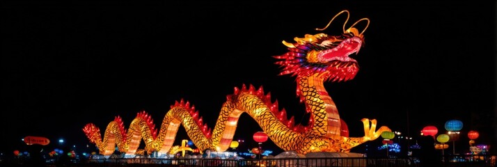 Vibrant dragon lantern display at night festival with colorful illuminations