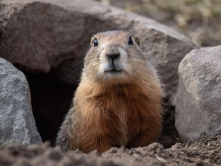 Curious groundhog emerging from burrow among rocks
