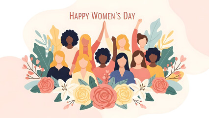 International Women’s Day illustration featuring diverse women together with floral elements symbolizing empowerment and solidarity.