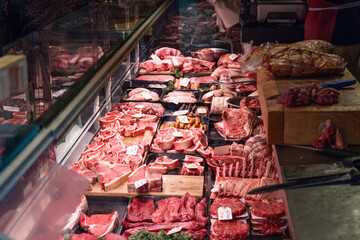 Fresh Raw Meat Display at Borough Market Butcher Counter