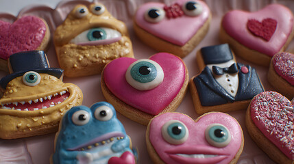 Surreal cookies for valentine with dreamlike heart shapes and playful romantic textures