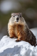 Fototapeta premium Alert groundhog on snowy terrain in winter landscape
