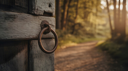  a weathered wooden door with a large, rusted metal ring handle, set against a sunlit forest trail.