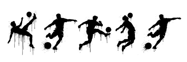 Set of grunge soccer and football graffiti icons with spray paint drips and distressed textures