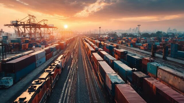A busy railway track with containers during sunset, perfect for logistics and shipping projects.