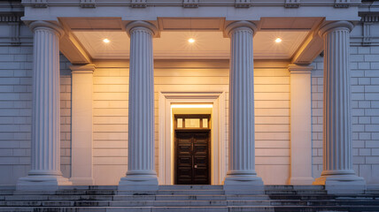 a grand, neoclassical building facade featuring four tall, white fluted columns supporting a pediment
