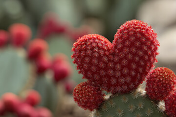 heart shaped cactus in red with spikes, love hurts, passion, romance, romantic, photorealistic