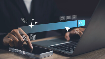 Using smartphone and laptop with AI-enhanced search bar and SEO icons, representing smart search engine technology, website optimization, and digital visibility strategy.