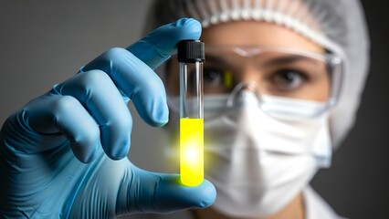 Scientist holds yellow liquid in test tube in lab research