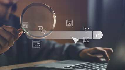 Hand holding a magnifying glass over a glowing search bar with AI, web, and data icons, representing artificial intelligence-powered search, digital innovation, and online discovery tools.