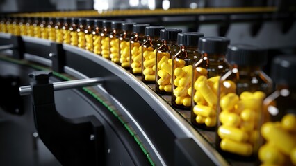 Production line for yellow capsules in factory setting with containers