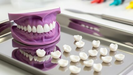 Model of teeth and dental pieces on a tray in a dental setting
