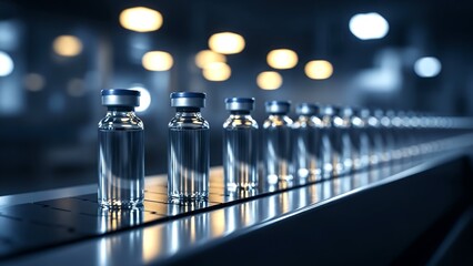 Clear vials on a conveyor belt in a production area at night