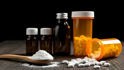 A wooden spoon holds white powder near scattered white pills