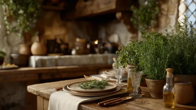 A rustic corner of a quaint kitchen featuring a wooden table set for a family meal, with fresh herbs, cooking utensils, and a warm ambiance inviting everyone to gather and share stories. cinematic
