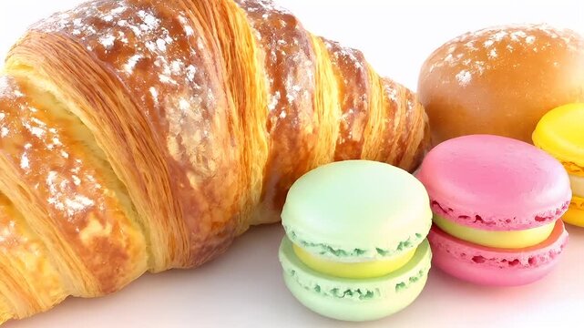 Paris, France, Europe. A closeup of a croissant and macarons on a white background. The croissants are golden brown with a glossy finish.