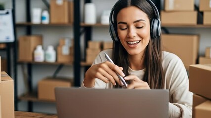 Joyful online communication: young woman engaged in remote work with headphones and laptops