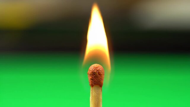 Lit match with a bright yellow flame on green background