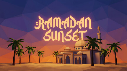 Obraz premium Ramadan Sunset with Mosque and Palm Trees.