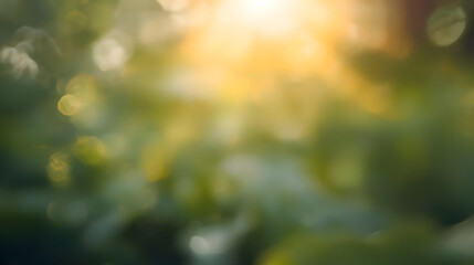 Obraz premium Radiant natural background full of refreshing, cheerful, gentle light creates peaceful mood for viewer. Golden bokeh patterns shimmer softly through lush green foliage, offering an optimistic visual
