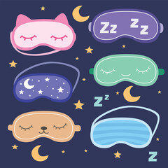 Naklejka premium Sleeping mask vector clipart set in flat cartoon style. Cute collection of eye masks with animal faces, night themes, stars, moon, and sleep symbols. Cozy bedtime and night routine elements isolated