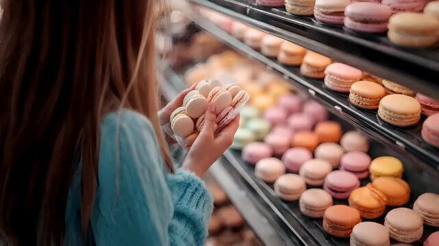 Paris, France, Europe. A woman in a blue sweater is holding a macaron in front of a display case filled with pastries. The macarons are in various shades of pink, orange, and white.