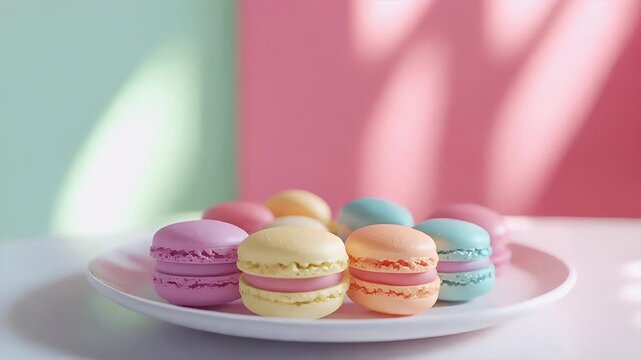 Paris, France, Europe. A closeup of a plate of pastelcolored macarons on a white surface. The macaron display is vibrant and varied in color, with hues ranging from pink, blue, yellow, and orange.