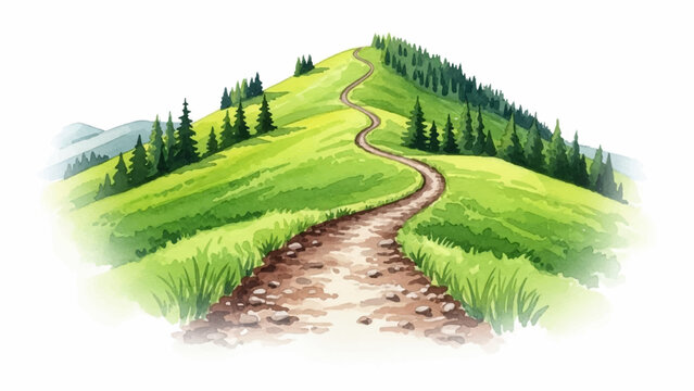 A winding dirt path ascends a lush green grassy hill with pine trees in a beautiful watercolor landscape