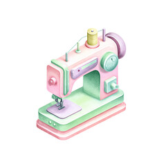 Isometric view of a pastel-colored sewing machine with a spool of thread on top