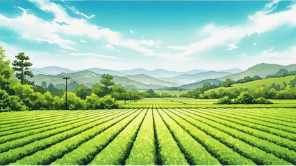 Serene Watercolor Landscape of Lush Green Tea Fields Under a Bright Blue Sky